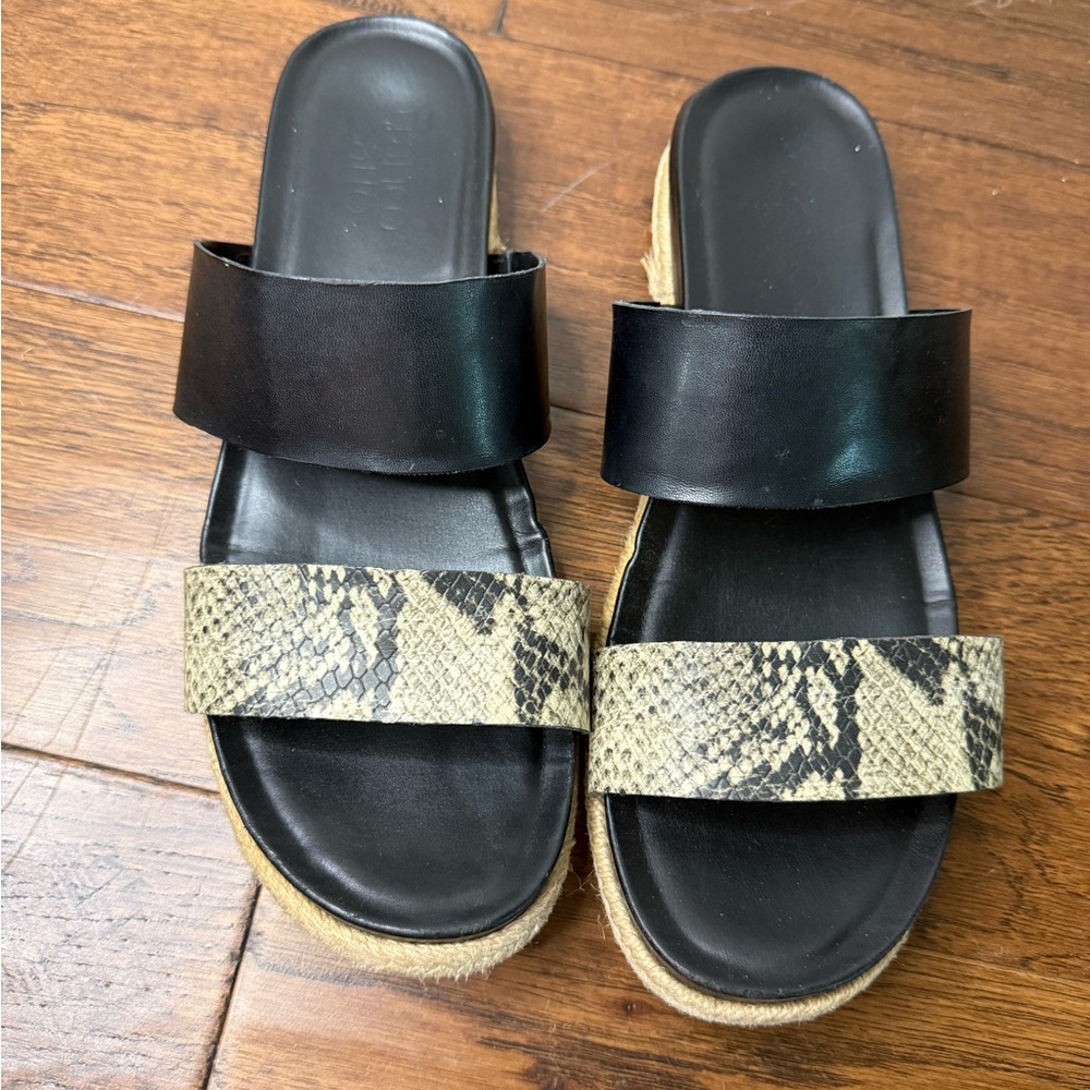 Franco Sarto Black and Snake Print Slide Sandals